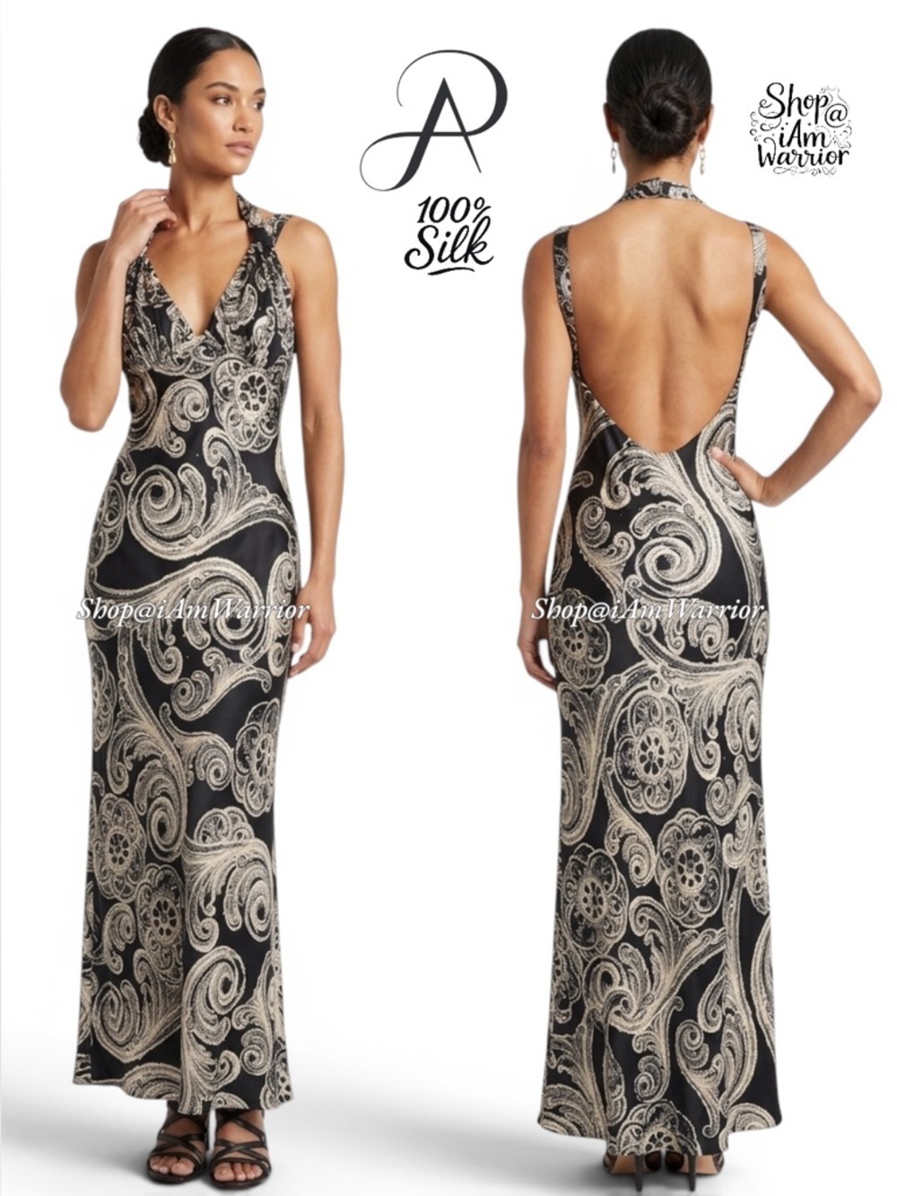 Adrianna Papell black & white silk scroll print backless maxi dress